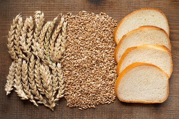 Bread, grains and spikelets. Bread at different stages of production.