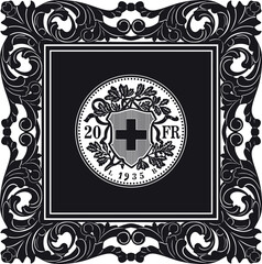 switzerland 20 franc gold coin with vintage frame