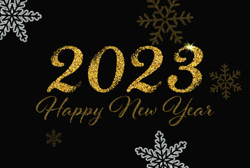 Fototapeta na wymiar Dark background with gold dust in the form of golden and silver snowflakes, holiday poster, postcard for the new year 2023