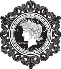 Obraz premium american dollar coin year 1964 with old frame handmade design vector