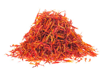 Pile of dried saffron spice isolated on a white background