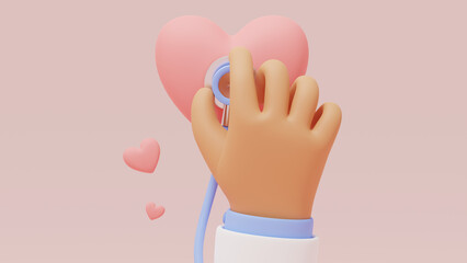 Hand with heart on pink background. Heart pulse, heartbeat lone, cardiogram. Healthy lifestyle, cardiac assistance, pulse beat measure, medical healthcare concept. 3d-render icon.