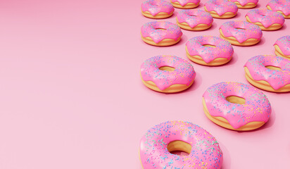 Pink frosted donut background with sprinkles. 3D Rendering