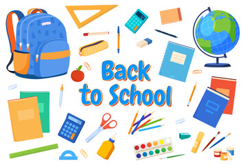 School supplies for learning. A backpack with items for study. Back to school. Vector illustration