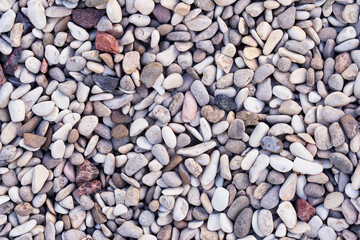 Small sea pebble. Oblong pebbles of different colors of rounded shape. Background. Texture.