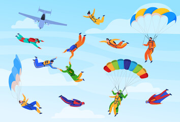 Skydiver. People jump with a parachute from an airplane. Extreme sport. Vector illustration