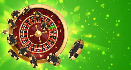 Twist gold poker chips, tokens on  golden casino roulette wheel on green background with golden light, rays, glare, sparkles. Vector illustration for casino, game design, advertising.