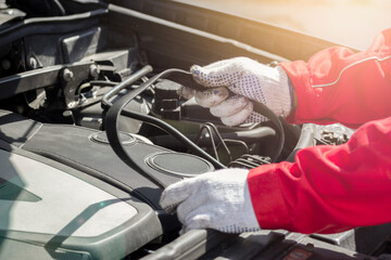 Car timing belt in the hands of an auto mechanic. Under the hood replacing the belt. Timely maintenance in a car service