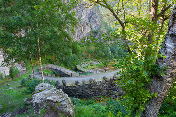 A hiking trail on the historic mesmerizing Vindhellavegen with several switchbacks / hairpin bends...