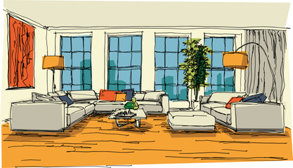colorful hand drawn architectectural sketch of a modern abstract living room interior with furniture