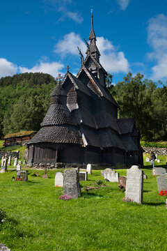 The old triple-nave Borgund Stave Church was built around 1180 AD in Borgund, Laerdal, Norway
