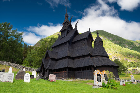 The old triple-nave Borgund Stave Church was built around 1180 AD in Borgund, Laerdal, Norway