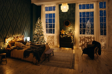 Bedroom decorated for Christmas. Christmas Eve Magic. Festive cozy bedroom with lots of garland...