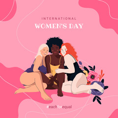 Group of multi cultural young happy women in Swimsuits. International Women's Day. Each for equal. Vector illustration.	