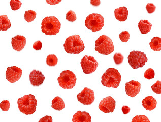 Various falling fresh ripe raspberries on white background 