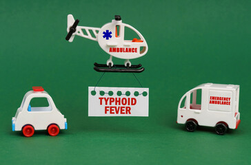 On a green surface, cars and an ambulance helicopter with a sign - TYPHOID FEVER