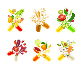 Open capsules with fruit, vegetables, cereals and herbal plants set. Vitamins and supplements cartoon vector illustration