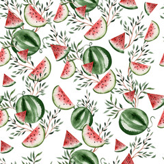 Watercolor seamless pattern with green leaves and watermelon. Illustration