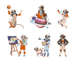 People in spacesuits doing everyday activities while living in space set. Astronauts playing basketball, painting, walking with dog, meditating cartoon vector illustration