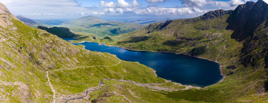 Aerial view of a beautiful mountain lake and hiking tracks near Snowdon, Wales (Miner's Track and Llyn Llydaw)