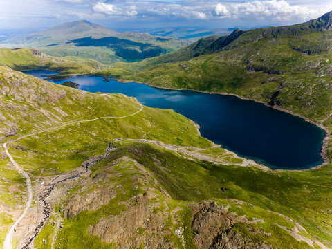 Aerial view of a beautiful mountain lack on the flanks of Mount Snowdon, Wales (Llyn Llydaw, Snowdonia)