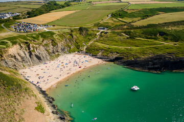 Aerial view of the spectacular sandy beach and bay of Mwnt in Ceredigion, Wales