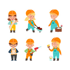 Fototapeta premium Collection of cute little builders in overalls and safety hats working with construction tools cartoon vector illustration