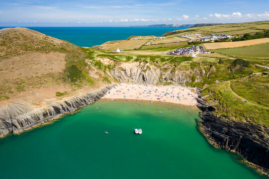 Aerial view of the spectacular sandy beach and bay of Mwnt in Ceredigion, Wales