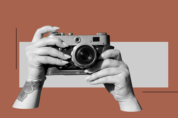 Digital collage with female hands holding vintage film camera	