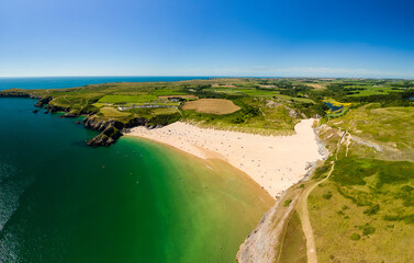 Panoramic aerial view of a beautiful sandy beach and rocky coastline (Broad Haven South, Wales)