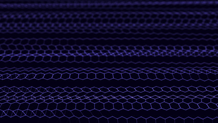 Digital wave of hexagons on a dark background. Futuristic abstract network connection structure. Visualization of big data. Pattern. 3D rendering.
