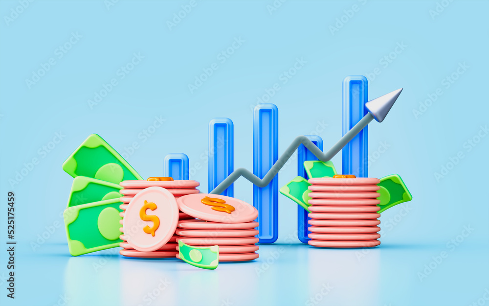Poster line chart bar sign with up arrow dollar coin note 3d render concept for financial chart