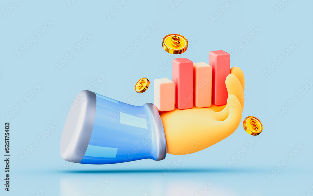 Poster line chart bar up to hand sign with dollar coin 3d render concept for business performance