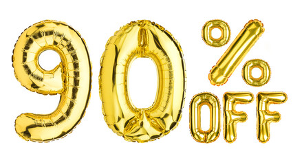 90 Ninety Percent % Off balloons. Sale, Clearance, discount. Yellow Gold foil helium balloon. Word...
