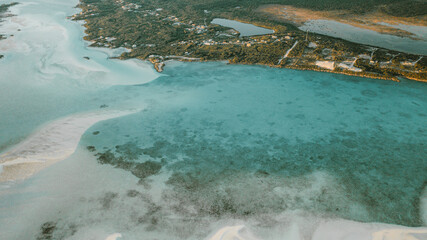 Aerial view of Man o War bay in Exuma, Bahamas