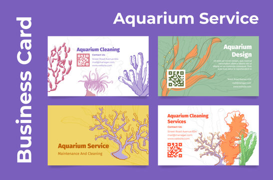 Aquarium cleaning service business card set vector illustration support maintenance and design