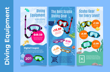 Naklejka premium Diving equipment sale promo vertical poster digital coupon set vector illustration