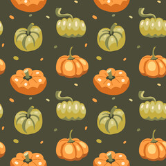Seamless pattern with orange and green pumpkins. Warm hygge aesthetics. Thanksgiving day. Cute colorful background. Flat cartoon hand-drawn style