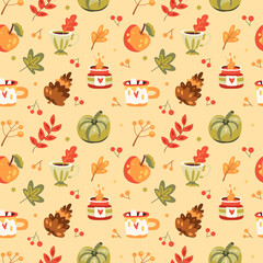 Seamless autumn pattern with hot drinks, fall leaves, candles, pumpkins and berries. Warm hygge aesthetics. Thanksgiving day. Cute colorful background. Flat cartoon hand-drawn style