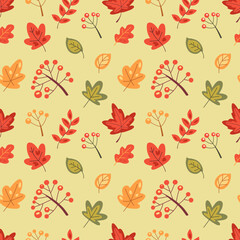 Seamless autumn pattern with fall leaves and berries. Warm hygge aesthetics. Thanksgiving day decoration. Cute colorful background. Flat cartoon hand-drawn style