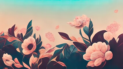 Floral background with soft pastel colors. 4K organic, colorful flowers pattern. Flower illustration with leafs.  Beautiful abstract background or wallpaper. Pink, orange, blue, peach colors.