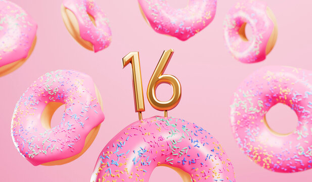 Happy 16th birthday celebration background with pink frosted donuts. 3D Rendering