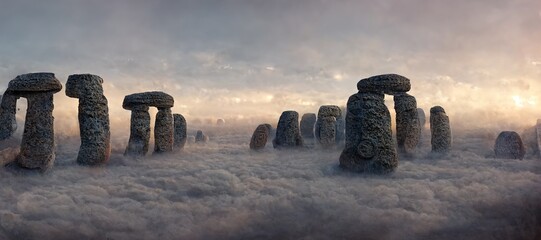 Cloudy overcast foggy morning with Imaginative surreal ancient druid stone megaliths in grass field - eroded rock inscriptions and symbols adorn the pillars. Magical and mysterious wonder.   - obrazy, fototapety, plakaty