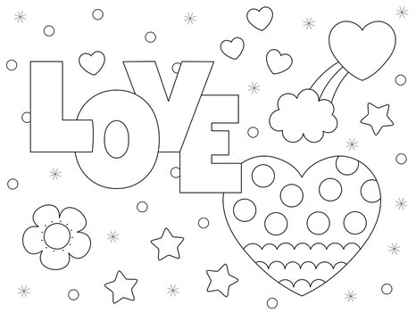 love and hearts fun coloring page that you can print on standard 8.5x11 inch paper. black and white illustration