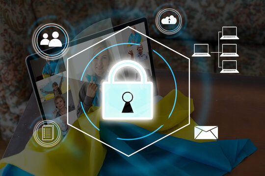 Technology concept with cyber security internet and networking, laptop, screen padlock icon on digital display. flag of Ukraine