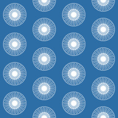 Disk mandala wheel blue seamless pattern, symmetrical colored textile design