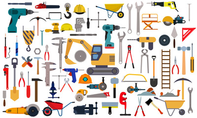 Repair tool icon service and setting work equipment sign isolated set. Construction workshop vector illustration. Fix mechanic symbol and engineering maintenance hardware. Industry instrument builder - obrazy, fototapety, plakaty
