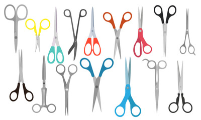 Scissors cartoon metal accessories and barber haircut pair isolated icon set. Steel tool instrument vector illustration barber or sewing. Office equipment collection object and handle shear blade