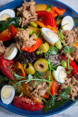 close-up nicoise salad with tuna on the table with vegetables top view