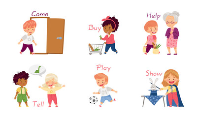 Funny Kids Engaged in Different Activities Demonstrating Verb Vector Set